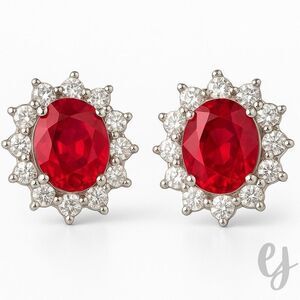 Ruby Red Oval Stud Earrings with Crystal Halo in Silver Tone